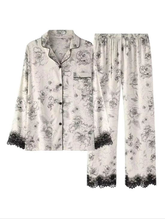 Other - NEW Classic Floral Lace-Trim Women's Pajama Set - Silky White/Black